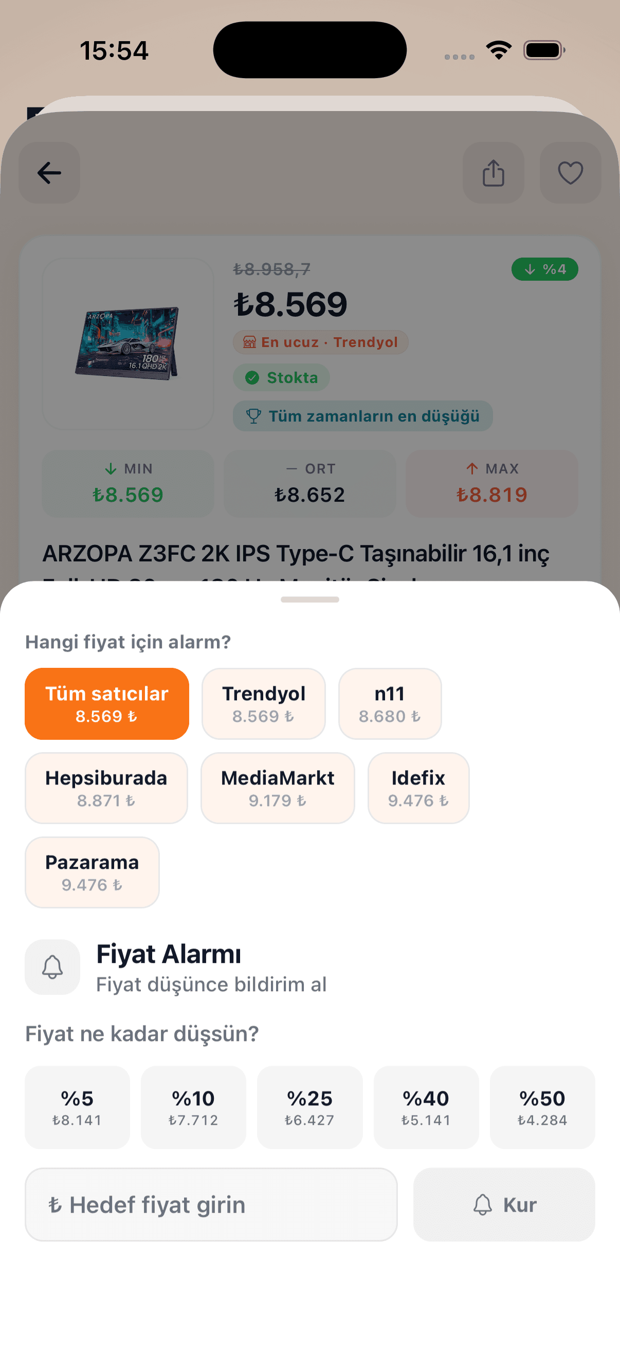indirimRadar mobil uygulamasında hedef fiyat ve mağaza kapsamı seçilen alarm ekranı
